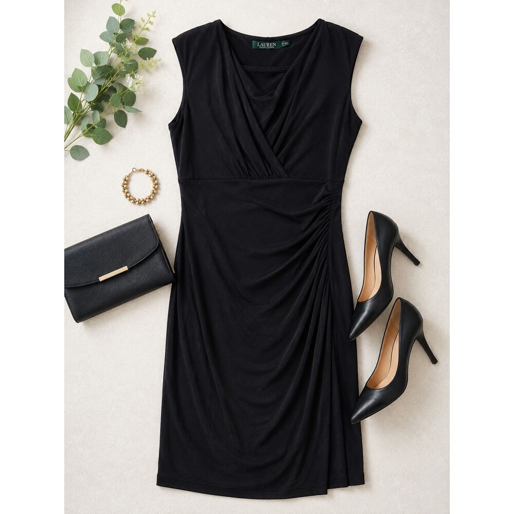 Lauren Ralph Lauren Black Ruched Sheath Dress Sleeveless Draped Neck Size 12